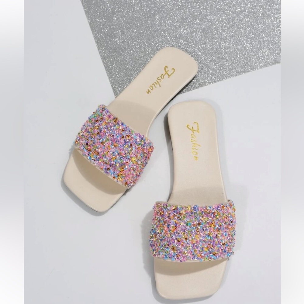 Rhinestone Decor Sequins Flat Open Toe Slide Sandals
